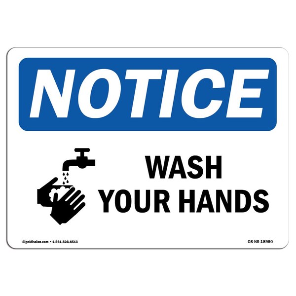 OSHA Sign, Wash Your Hands With Symbol, 5in X 3.5in Decal, 10PK, 3.5" W, 5" L, Landscape, PK10